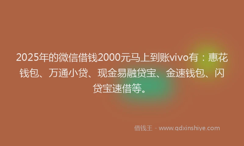 2025年的微信借钱2000元马上到账vivo有：惠花钱包、万通小贷、现金易融贷宝、金速钱包、闪贷宝速借等。