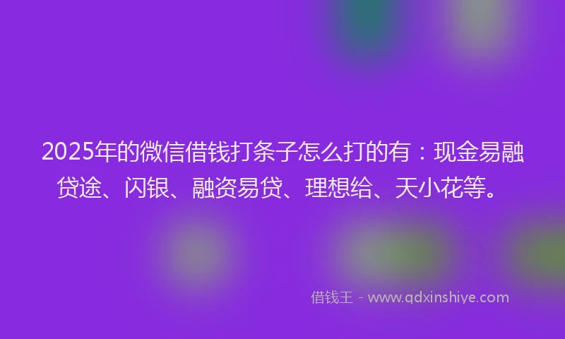 2025年的微信借钱打条子怎么打的有：现金易融贷途、闪银、融资易贷、理想给、天小花等。