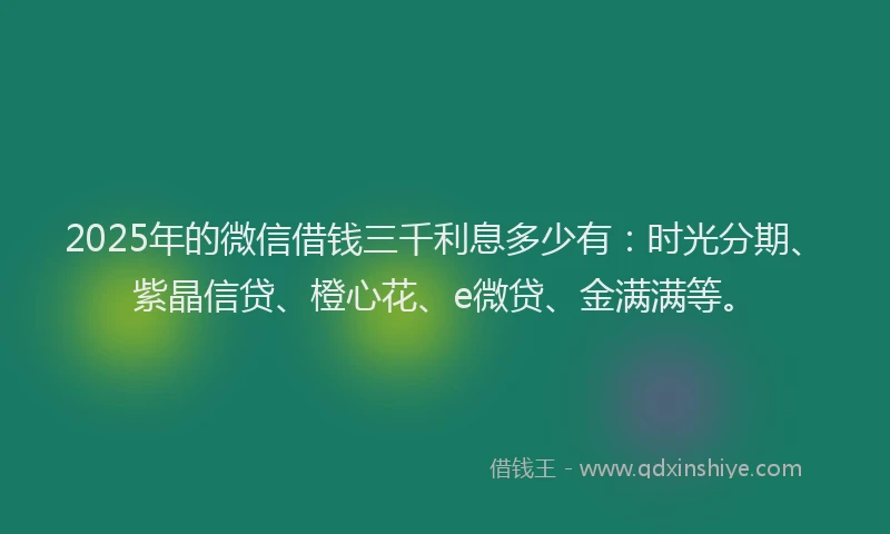 2025年的微信借钱三千利息多少有：时光分期、紫晶信贷、橙心花、e微贷、金满满等。