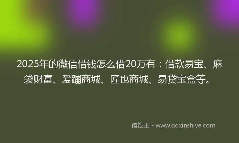 2025年的微信借钱怎么借20万有：借款易宝、麻袋财富、爱蹦商城、匠也商城、易贷宝盒等。