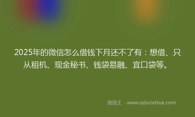 2025年的微信怎么借钱下月还不了有：想借、只从租机、现金秘书、钱袋易融、宜口袋等。
