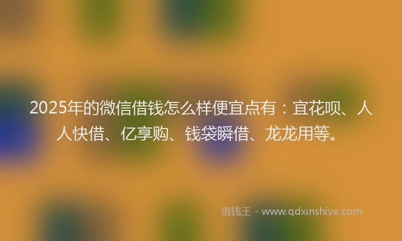 2025年的微信借钱怎么样便宜点有：宜花呗、人人快借、亿享购、钱袋瞬借、龙龙用等。