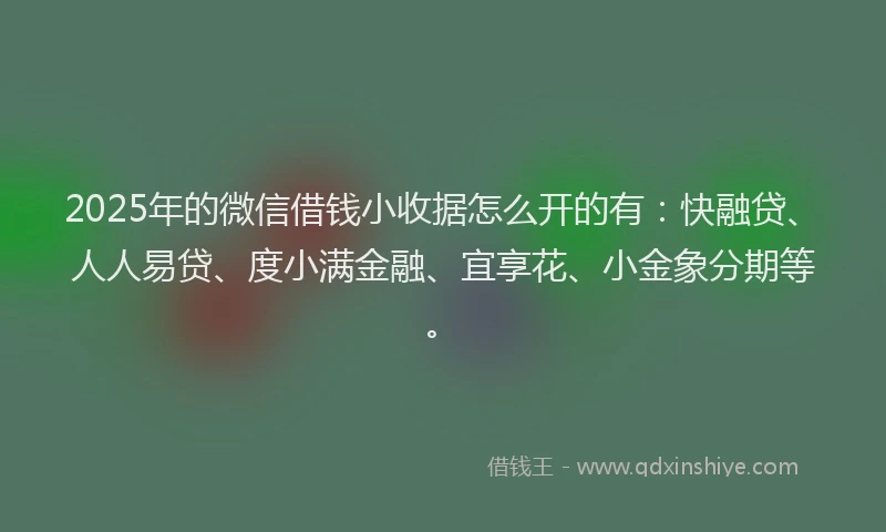 2025年的微信借钱小收据怎么开的有：快融贷、人人易贷、度小满金融、宜享花、小金象分期等。