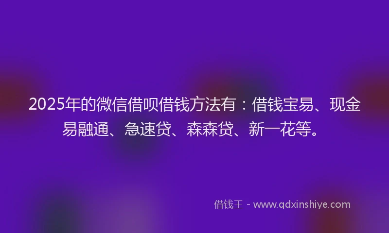 2025年的微信借呗借钱方法有：借钱宝易、现金易融通、急速贷、森森贷、新一花等。
