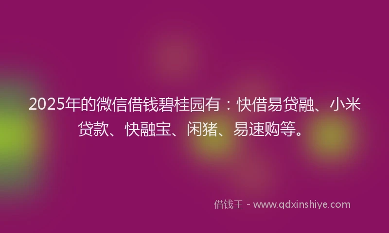 2025年的微信借钱碧桂园有：快借易贷融、小米贷款、快融宝、闲猪、易速购等。