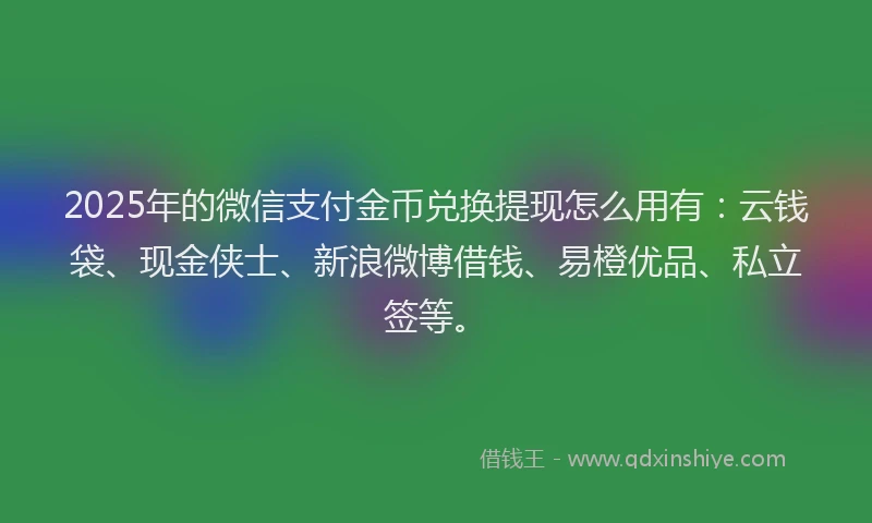 2025年的微信支付金币兑换提现怎么用有：云钱袋、现金侠士、新浪微博借钱、易橙优品、私立签等。