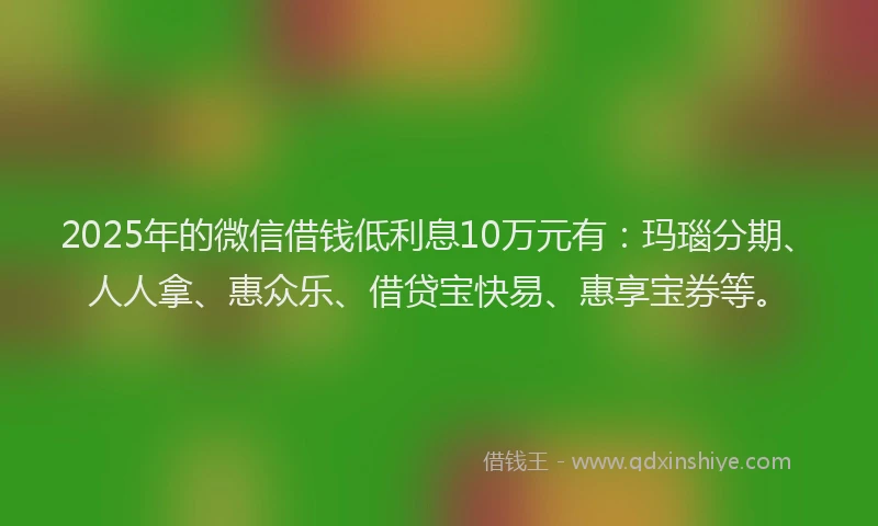 2025年的微信借钱低利息10万元有：玛瑙分期、人人拿、惠众乐、借贷宝快易、惠享宝券等。
