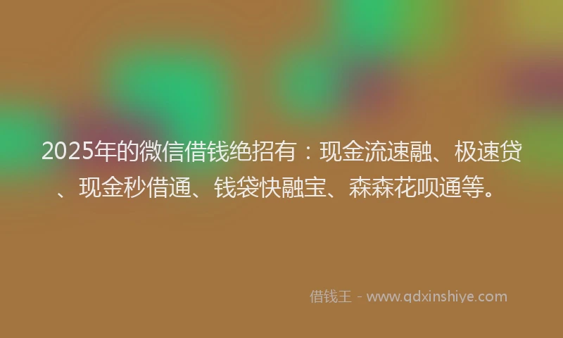 2025年的微信借钱绝招有：现金流速融、极速贷、现金秒借通、钱袋快融宝、森森花呗通等。