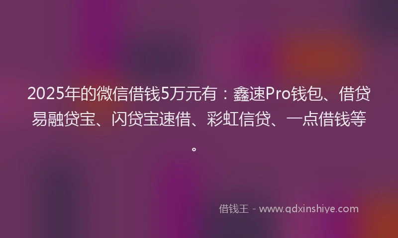 2025年的微信借钱5万元有：鑫速Pro钱包、借贷易融贷宝、闪贷宝速借、彩虹信贷、一点借钱等。