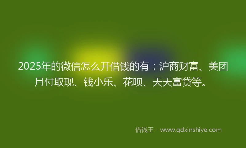 2025年的微信怎么开借钱的有：沪商财富、美团月付取现、钱小乐、花呗、天天富贷等。