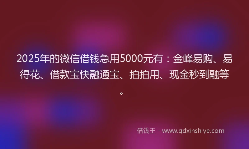 2025年的微信借钱急用5000元有：金峰易购、易得花、借款宝快融通宝、拍拍用、现金秒到融等。