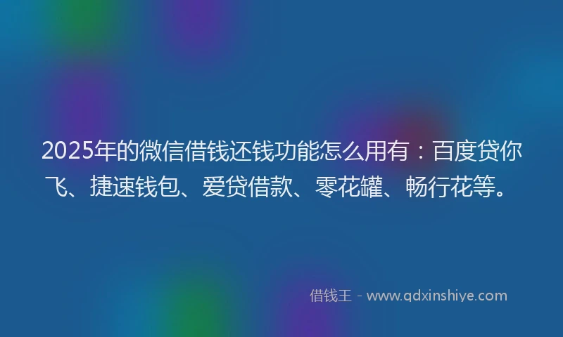 2025年的微信借钱还钱功能怎么用有：百度贷你飞、捷速钱包、爱贷借款、零花罐、畅行花等。