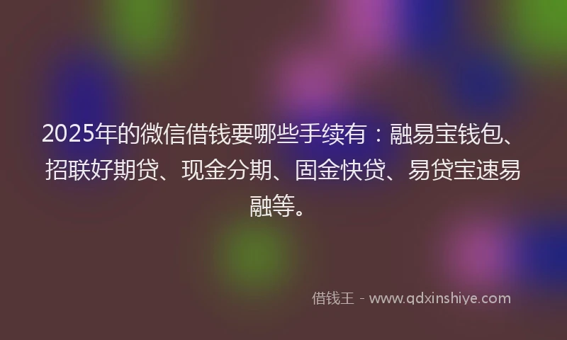 2025年的微信借钱要哪些手续有：融易宝钱包、招联好期贷、现金分期、固金快贷、易贷宝速易融等。