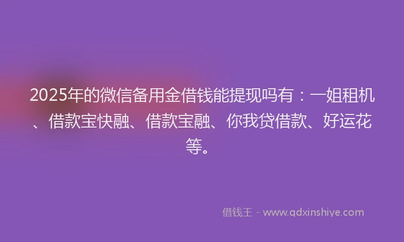 2025年的微信备用金借钱能提现吗有：一姐租机、借款宝快融、借款宝融、你我贷借款、好运花等。