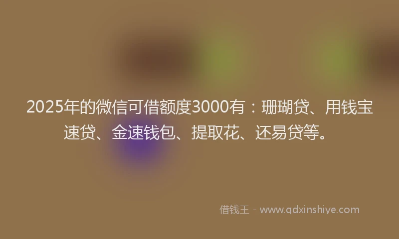 2025年的微信可借额度3000有：珊瑚贷、用钱宝速贷、金速钱包、提取花、还易贷等。