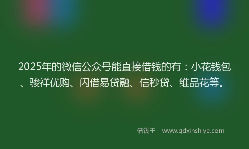 2025年的微信公众号能直接借钱的有：小花钱包、骏祥优购、闪借易贷融、信秒贷、维品花等。