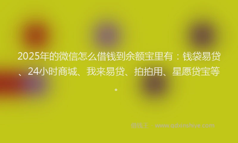 2025年的微信怎么借钱到余额宝里有：钱袋易贷、24小时商城、我来易贷、拍拍用、星愿贷宝等。