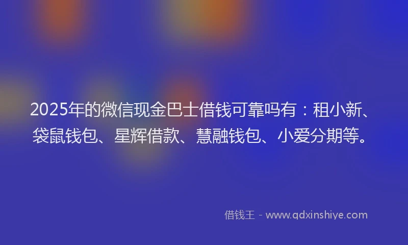 2025年的微信现金巴士借钱可靠吗有：租小新、袋鼠钱包、星辉借款、慧融钱包、小爱分期等。