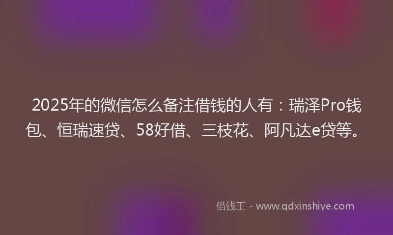 2025年的微信怎么备注借钱的人有：瑞泽Pro钱包、恒瑞速贷、58好借、三枝花、阿凡达e贷等。