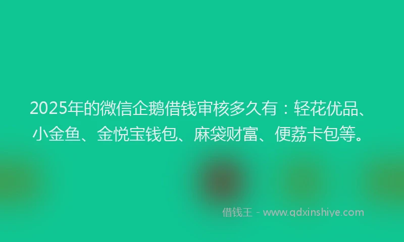 2025年的微信企鹅借钱审核多久有：轻花优品、小金鱼、金悦宝钱包、麻袋财富、便荔卡包等。