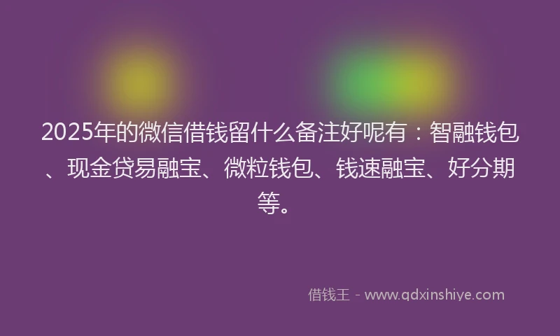 2025年的微信借钱留什么备注好呢有：智融钱包、现金贷易融宝、微粒钱包、钱速融宝、好分期等。