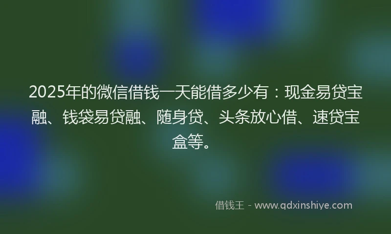 2025年的微信借钱一天能借多少有：现金易贷宝融、钱袋易贷融、随身贷、头条放心借、速贷宝盒等。