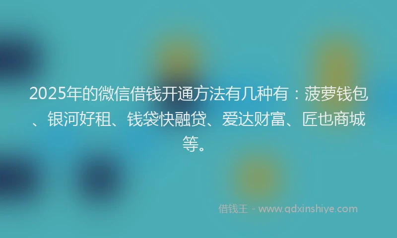 2025年的微信借钱开通方法有几种有：菠萝钱包、银河好租、钱袋快融贷、爱达财富、匠也商城等。