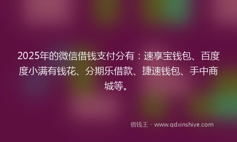 2025年的微信借钱支付分有：速享宝钱包、百度度小满有钱花、分期乐借款、捷速钱包、手中商城等。