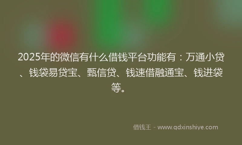 2025年的微信有什么借钱平台功能有：万通小贷、钱袋易贷宝、甄信贷、钱速借融通宝、钱进袋等。