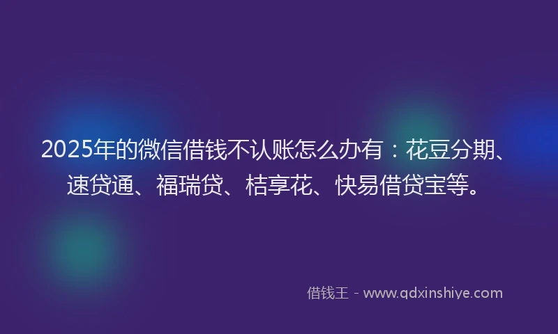 2025年的微信借钱不认账怎么办有：花豆分期、速贷通、福瑞贷、桔享花、快易借贷宝等。