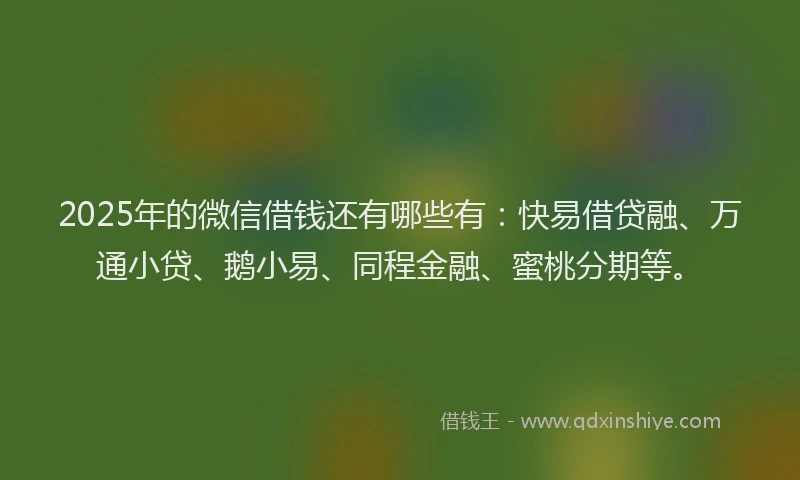 2025年的微信借钱还有哪些有：快易借贷融、万通小贷、鹅小易、同程金融、蜜桃分期等。