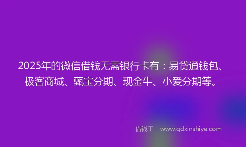 2025年的微信借钱无需银行卡有：易贷通钱包、极客商城、甄宝分期、现金牛、小爱分期等。