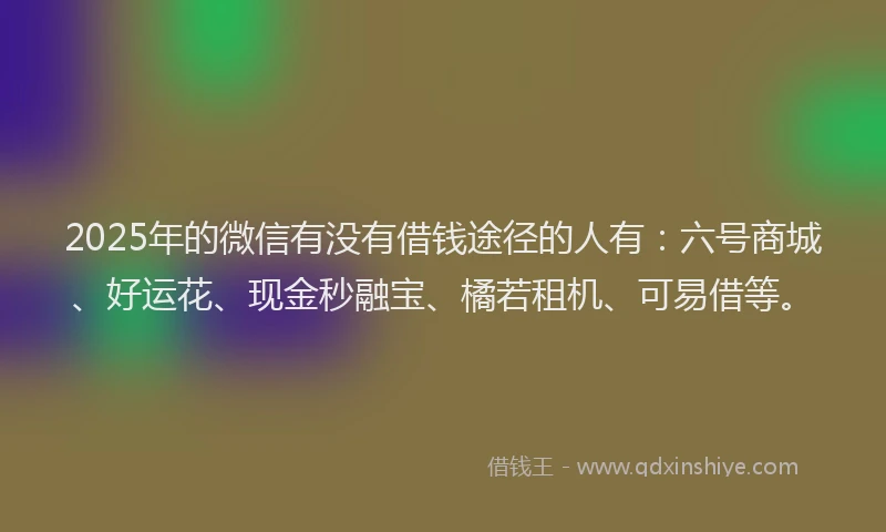 2025年的微信有没有借钱途径的人有：六号商城、好运花、现金秒融宝、橘若租机、可易借等。