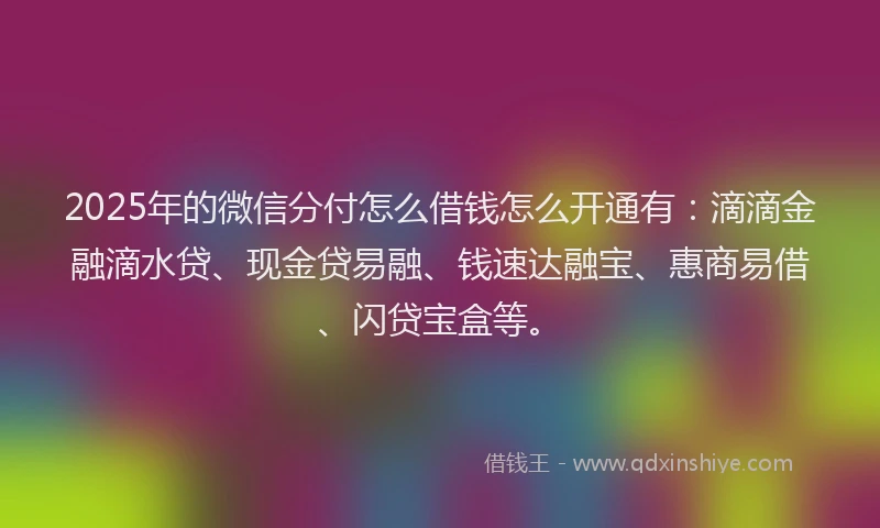 2025年的微信分付怎么借钱怎么开通有：滴滴金融滴水贷、现金贷易融、钱速达融宝、惠商易借、闪贷宝盒等。