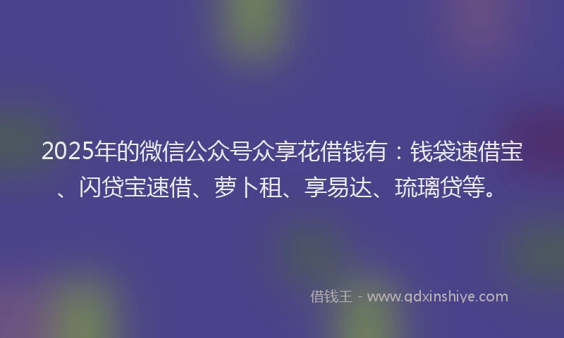2025年的微信公众号众享花借钱有：钱袋速借宝、闪贷宝速借、萝卜租、享易达、琉璃贷等。