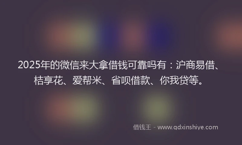 2025年的微信来大拿借钱可靠吗有：沪商易借、桔享花、爱帮米、省呗借款、你我贷等。