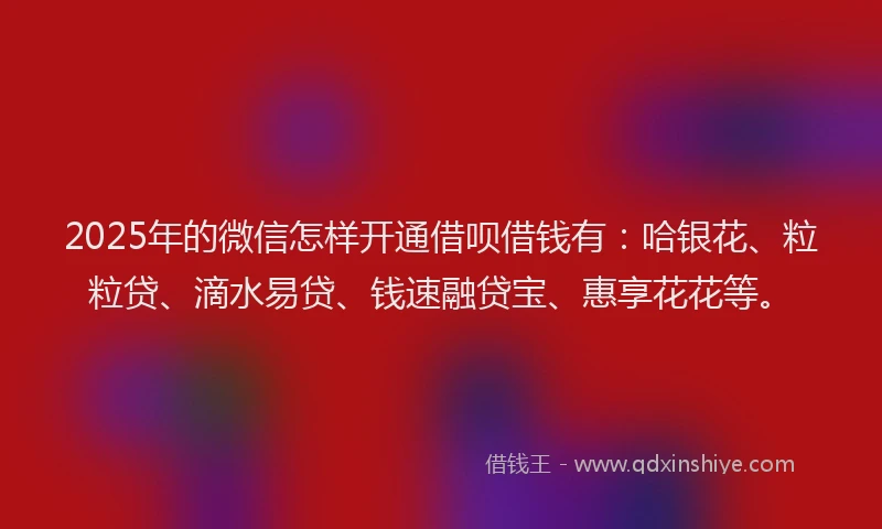 2025年的微信怎样开通借呗借钱有：哈银花、粒粒贷、滴水易贷、钱速融贷宝、惠享花花等。