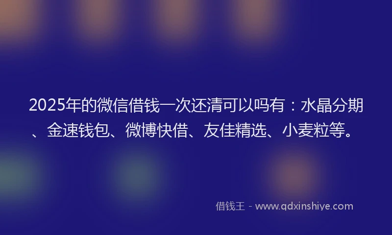 2025年的微信借钱一次还清可以吗有：水晶分期、金速钱包、微博快借、友佳精选、小麦粒等。