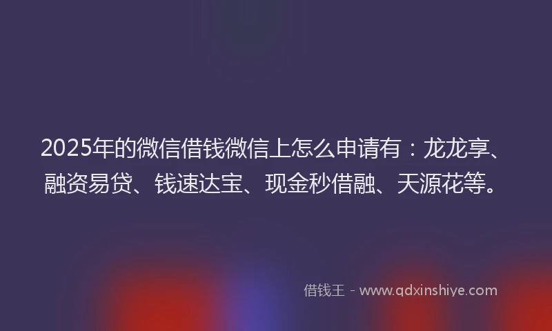 2025年的微信借钱微信上怎么申请有：龙龙享、融资易贷、钱速达宝、现金秒借融、天源花等。