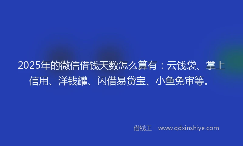 2025年的微信借钱天数怎么算有：云钱袋、掌上信用、洋钱罐、闪借易贷宝、小鱼免审等。