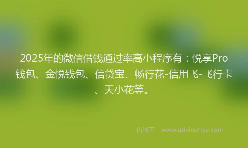 2025年的微信借钱通过率高小程序有：悦享Pro钱包、金悦钱包、信贷宝、畅行花-信用飞-飞行卡、天小花等。