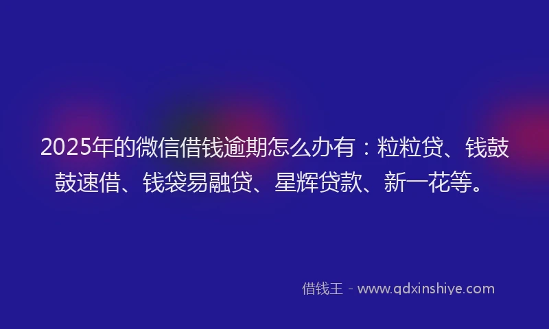 2025年的微信借钱逾期怎么办有：粒粒贷、钱鼓鼓速借、钱袋易融贷、星辉贷款、新一花等。