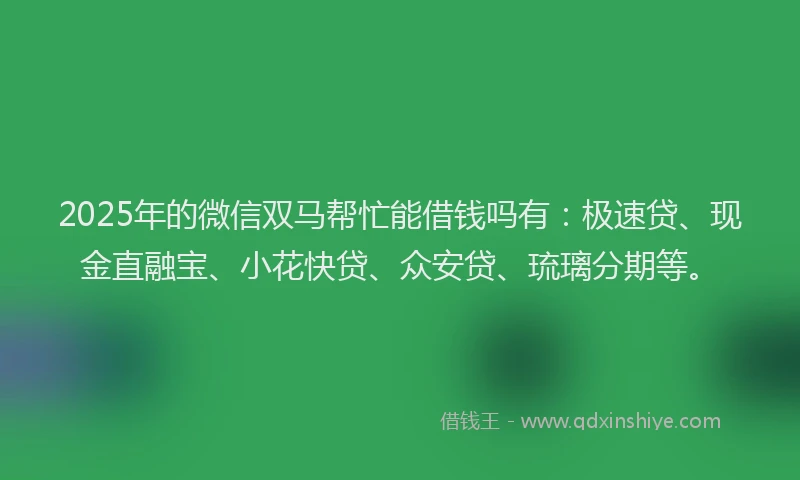 2025年的微信双马帮忙能借钱吗有：极速贷、现金直融宝、小花快贷、众安贷、琉璃分期等。