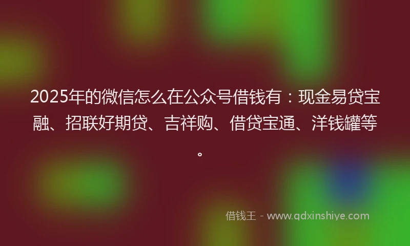 2025年的微信怎么在公众号借钱有：现金易贷宝融、招联好期贷、吉祥购、借贷宝通、洋钱罐等。
