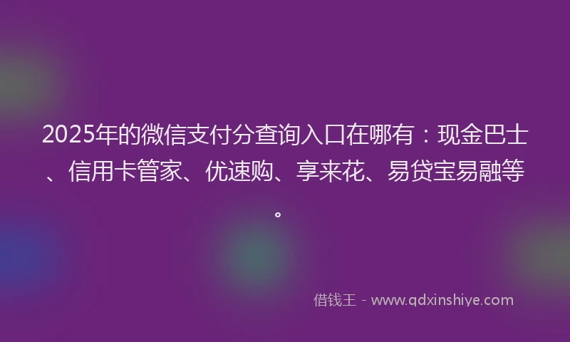 2025年的微信支付分查询入口在哪有：现金巴士、信用卡管家、优速购、享来花、易贷宝易融等。