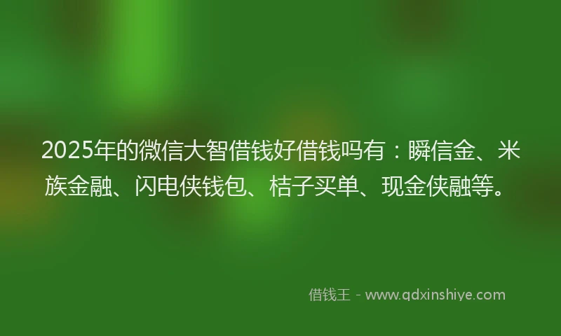 2025年的微信大智借钱好借钱吗有：瞬信金、米族金融、闪电侠钱包、桔子买单、现金侠融等。