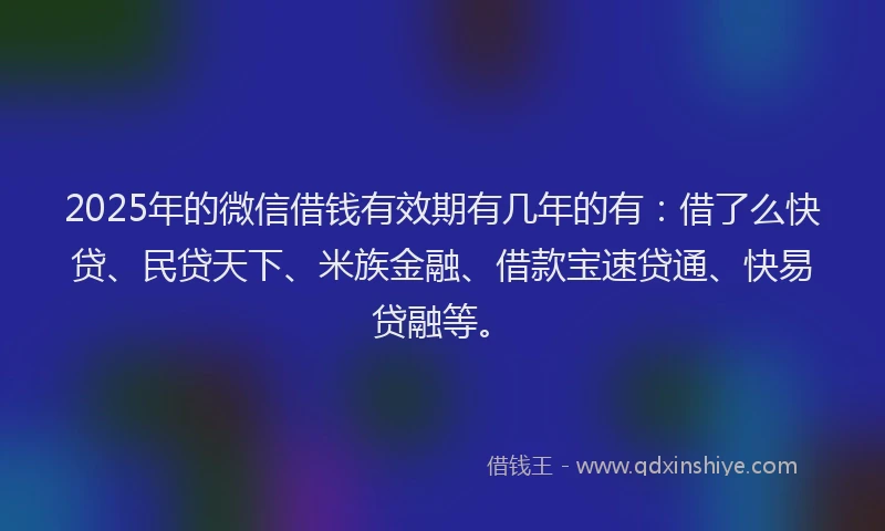 2025年的微信借钱有效期有几年的有：借了么快贷、民贷天下、米族金融、借款宝速贷通、快易贷融等。