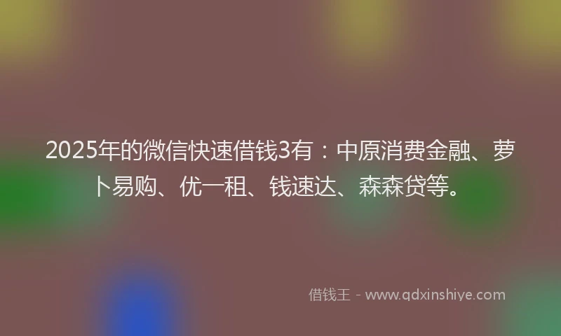 2025年的微信快速借钱3有：中原消费金融、萝卜易购、优一租、钱速达、森森贷等。