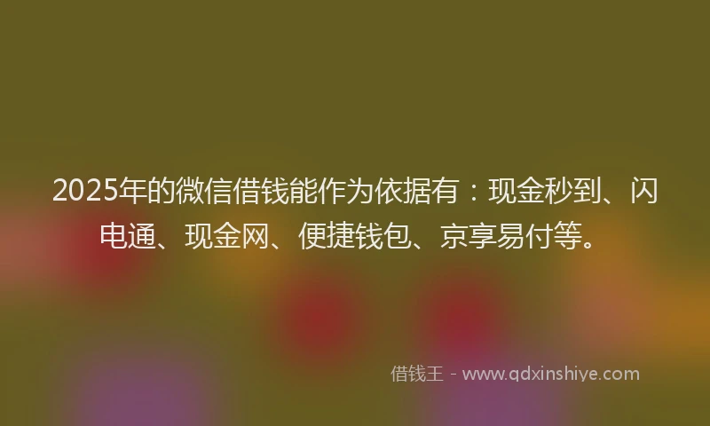 2025年的微信借钱能作为依据有：现金秒到、闪电通、现金网、便捷钱包、京享易付等。