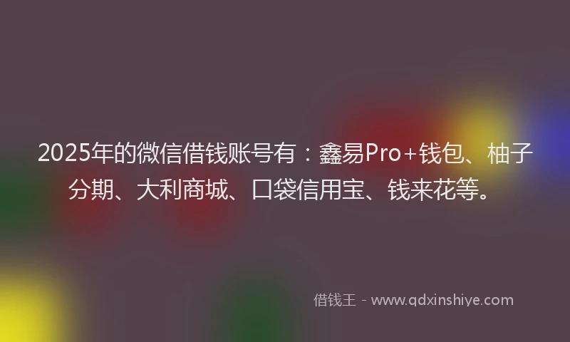 2025年的微信借钱账号有：鑫易Pro+钱包、柚子分期、大利商城、口袋信用宝、钱来花等。